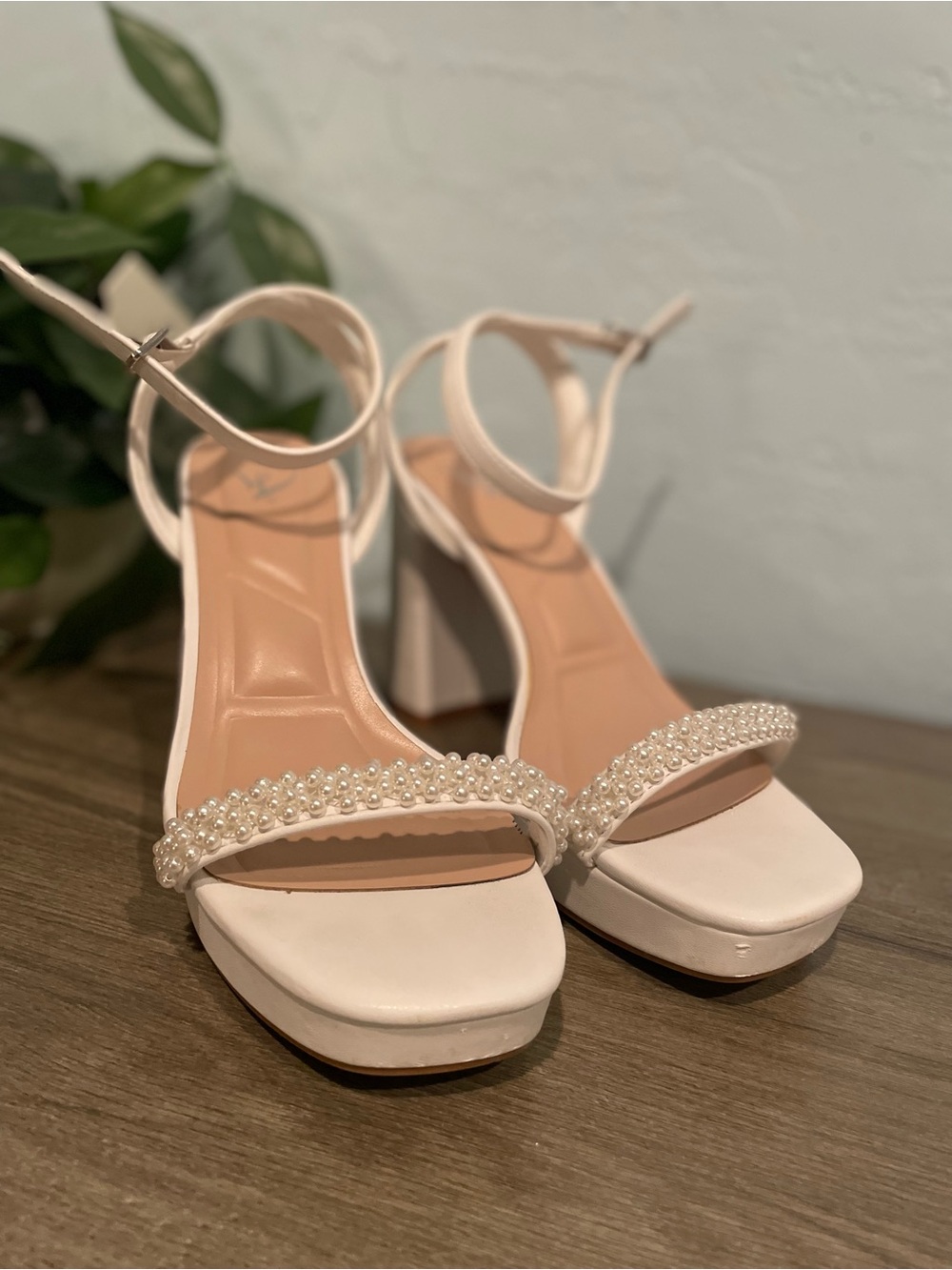 Women's Pearl-Embellished Cream Block Heel Sandals